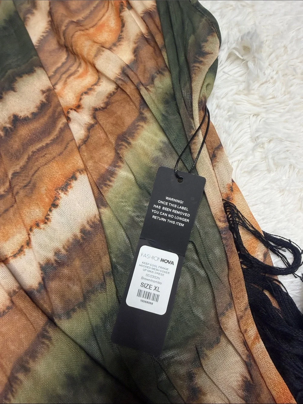 Fashion Nova Olive Green Brown Tan Striped Fringe Swim Coverup
